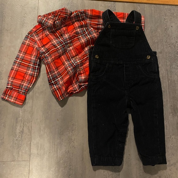 Other - Plaid Button Up and Black Cordoroy Overalls Sz 12m